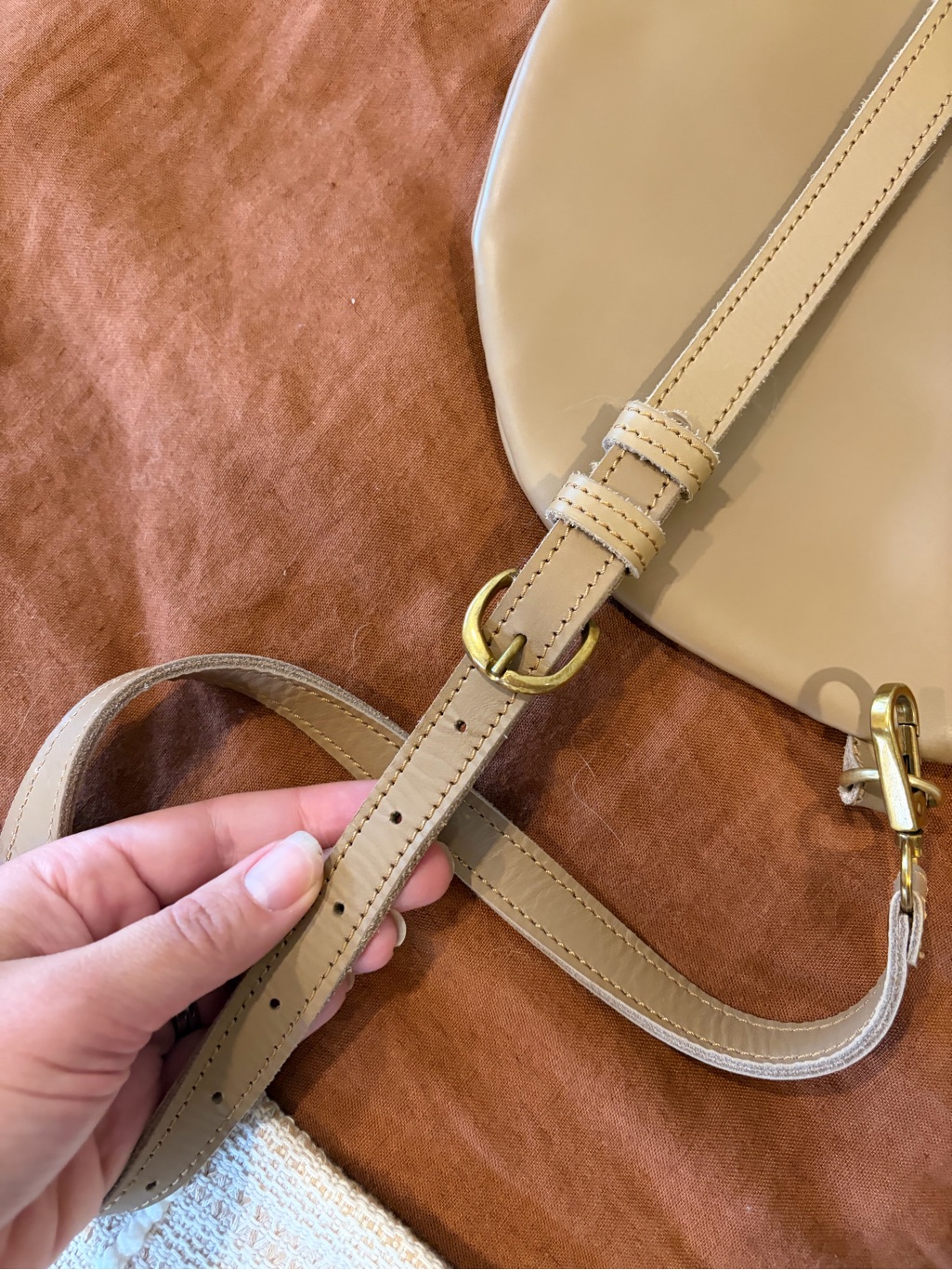 Tan Leather Crescent Crossbody Sling Bag With Gold Accents — image 5 of 6